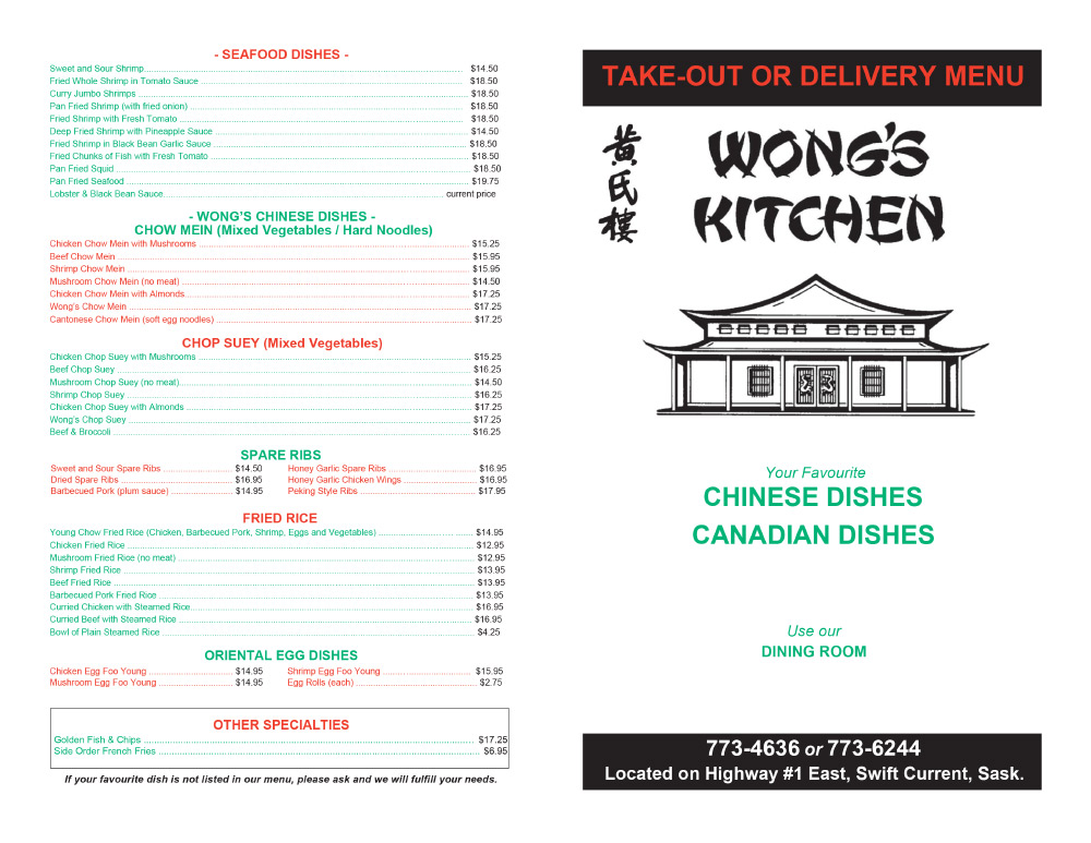 Wong's Kitchen - Take Out Menu 2025 - Page 1