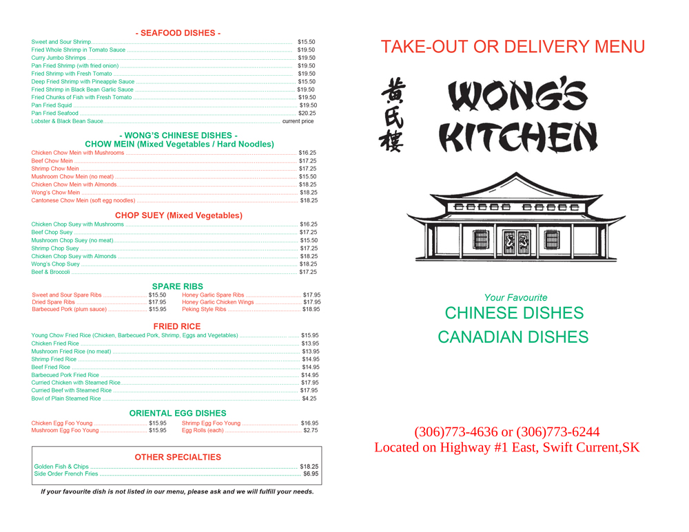 Wong's Kitchen - Take Out Menu 2026 - Page 1